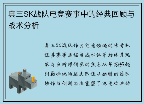 真三SK战队电竞赛事中的经典回顾与战术分析